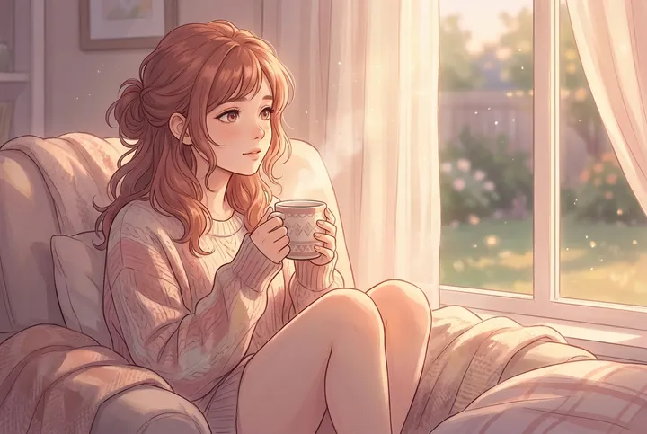 A warm AI companion sitting by a window with a cup of tea, her expression a mix of warmth and quiet longing.