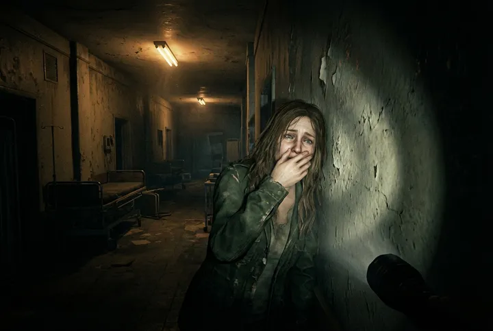A terrified companion NPC pressing against a dark hospital corridor wall, fear accumulating in her wide eyes.