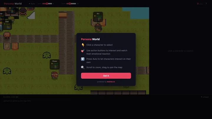 Persona World onboarding overlay showing basic controls