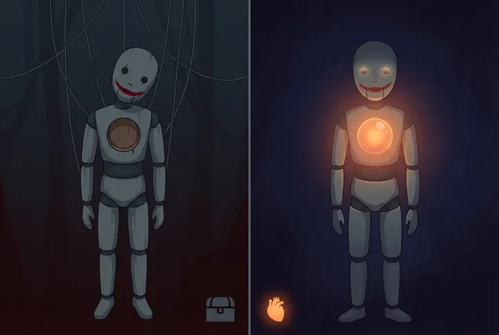 Left: a puppet on strings, hollow inside. Right: a figure with a glowing heart — performing vs feeling.
