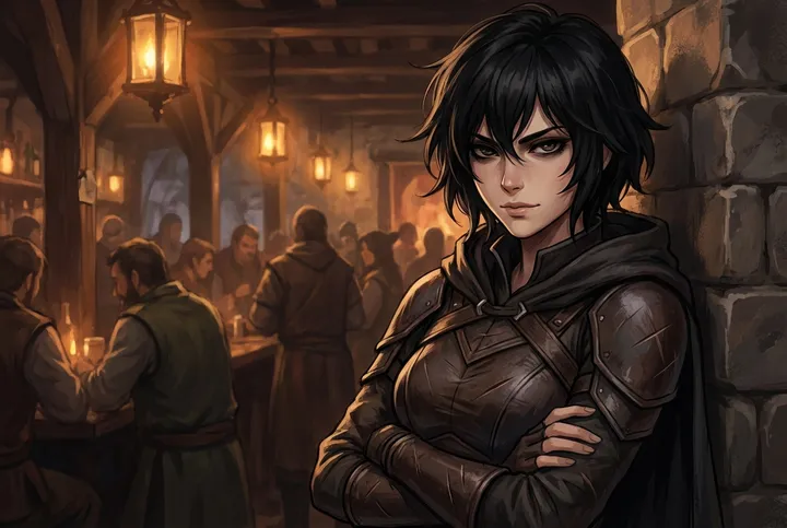 Ren — a mercenary rogue leaning against a tavern wall, arms crossed, evaluating you with sharp dark eyes.