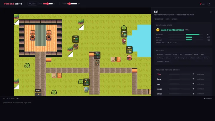 Side panel showing Sol's emotional state, personality traits, and action buttons